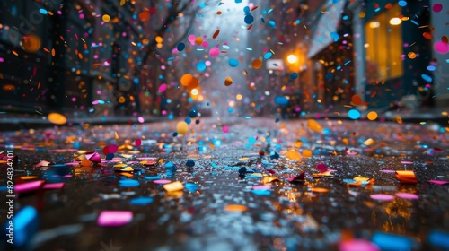 Colorful paper confetti is scattered on a wet street, reflecting the joyous aftermath of a vibrant city celebration