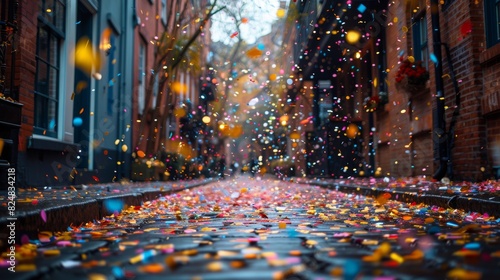 A vibrant street covered with colorful confetti suggesting a recent celebration photo