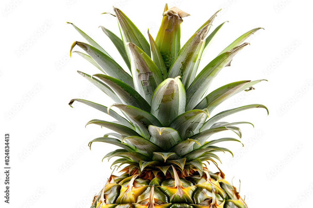 a ripe pineapple with its spiky crown intact, showcasing its golden exterior and juicy flesh, perfect for tropical-themed designs, fruit markets, or summer promotions a ripe pineapple with its spiky crown intact, showcasing its golden exterior and juicy flesh, perfect for tropical-themed designs, fruit markets, or summer promotions