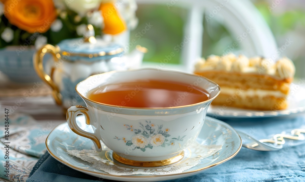 In the foreground a porcelain cup of English tea with a porcelain teapot, Generative AI In the foreground a porcelain cup of English tea with a porcelain teapot, Generative AI