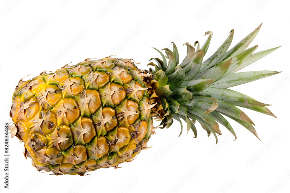 a ripe pineapple with its spiky crown intact, showcasing its golden exterior and juicy flesh, perfect for tropical-themed designs, fruit markets, or summer promotions a ripe pineapple with its spiky crown intact, showcasing its golden exterior and juicy flesh, perfect for tropical-themed designs, fruit markets, or summer promotions