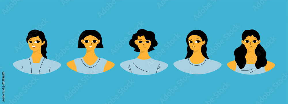 Obraz premium Set of female user portraits. Collection of varios young women faces. Isolated flat vector in simple cartoon style.