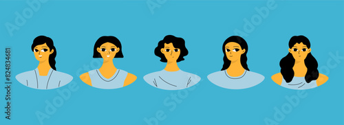 Set of female user portraits. Collection of varios young women faces. Isolated flat vector in simple cartoon style.