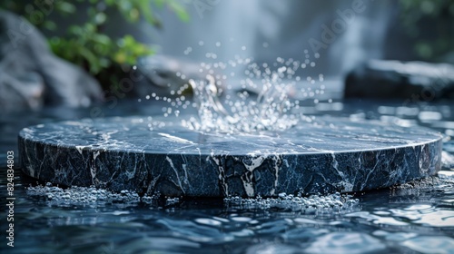 Calm scene of water splashing over a smooth stone surface, surrounded by a serene and natural backdrop