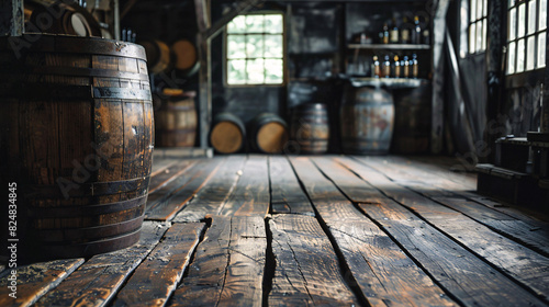 Rustic wine cellar with wooden barrels. Atmospheric image of a traditional wine cellar with old  wooden barrels  showcasing the aged ambiance of winemaking.