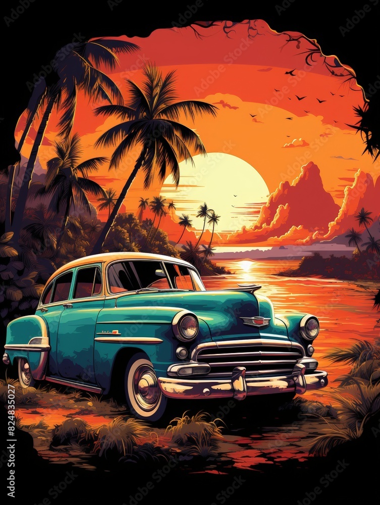 t-shirt design, Vector illustration of a car on the beach, perfect for a t-shirt design, black background