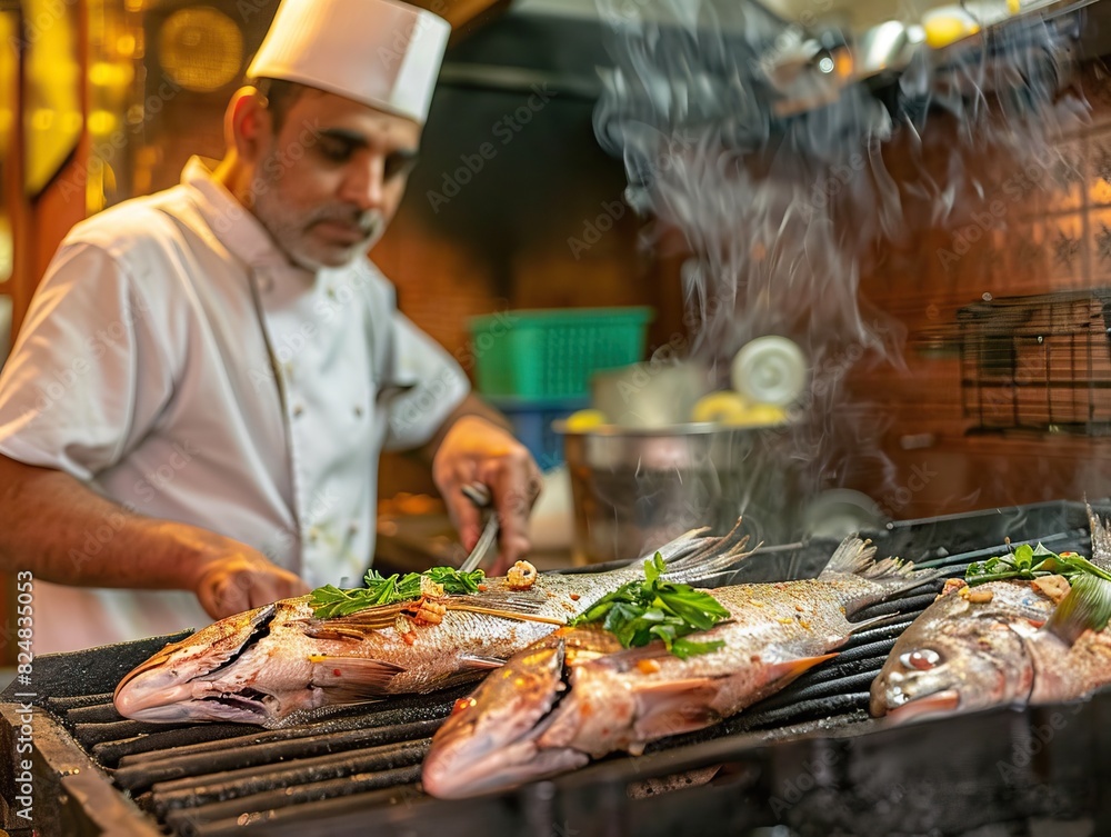 Chef preparing fresh fish for grilling on the mangal, a traditional barbecue preparation method. The fish is being seasoned with herbs and spices, creating an appetizing image. Chef preparing fresh fish for grilling on the mangal, a traditional barbecue preparation method. The fish is being seasoned with herbs and spices, creating an appetizing image.