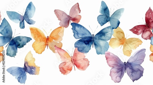 Colorful watercolor butterflies are fluttering around. photo