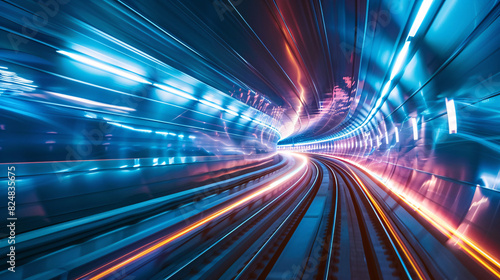 Abstract speeding train in tunnel. A vibrant, abstract image of a train speeding through a tunnel, with streaks of blue and orange light trails.