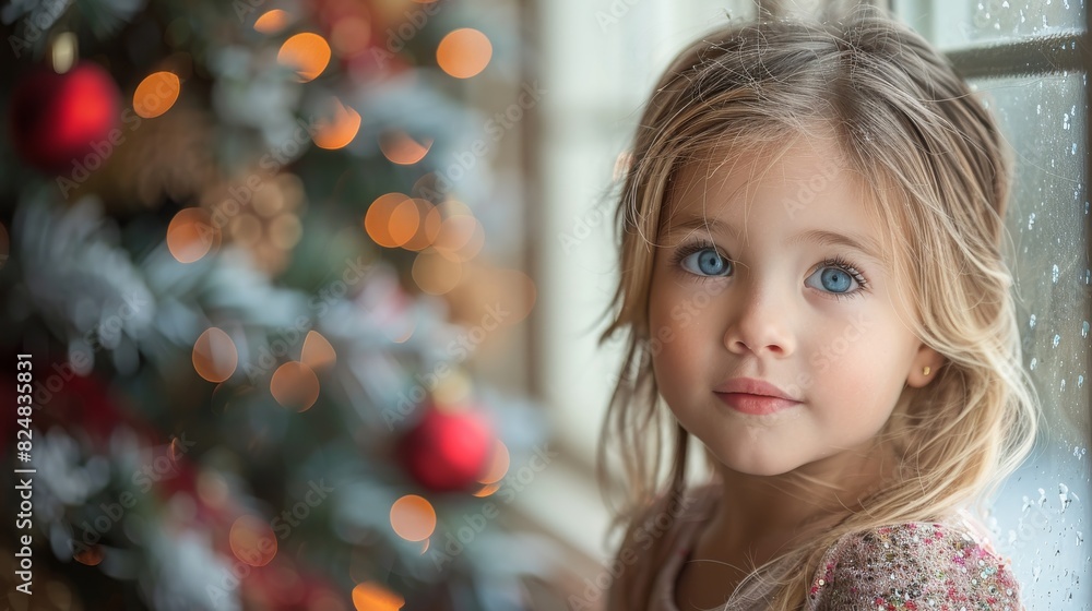 Cute girl peering out a window with Christmas decorations and soft bokeh