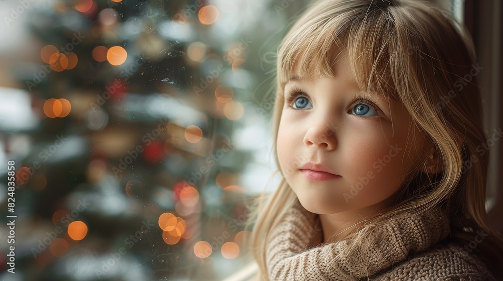 Little girl with a contemplative look by a decorated Christmas tree