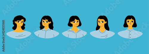Set of female user portraits. Collection of varios young women faces. Isolated flat vector in simple cartoon style.