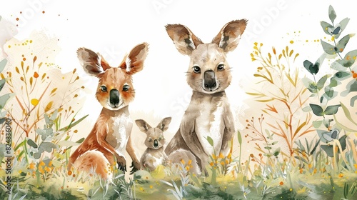 A kangaroo family is standing in a field of flowers