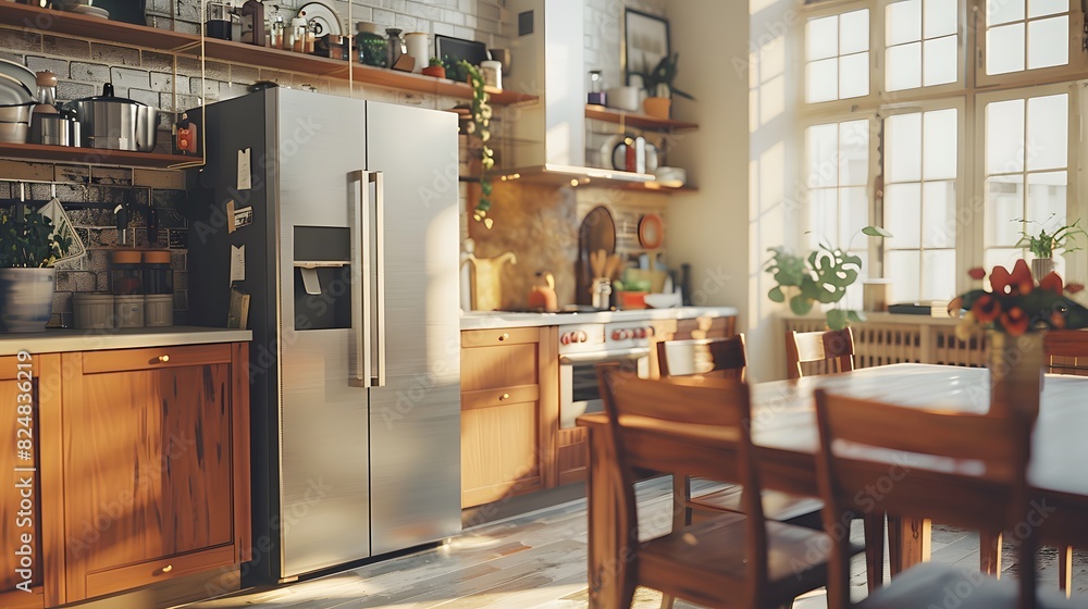 frontal view inox refrigerator in a kitchen with table and chairs frontal view inox refrigerator in a kitchen with table and chairs