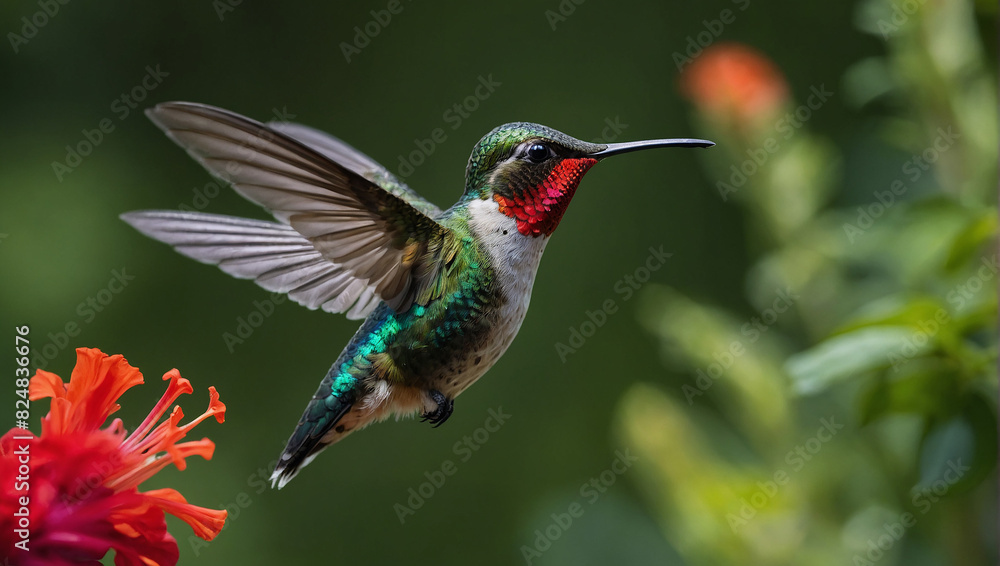 Obraz premium A vibrant hummingbird with iridescent feathers hovering mid-air, sipping nectar from a bright red flower. The background is a lush, green garden.