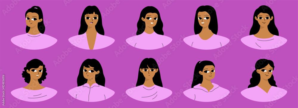 Obraz premium Set of user profiles. Smiling black woman avatar collection. Chat icons, different faces. Isolated flat illustrations bundle.