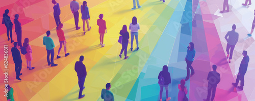 A colorful illustration of diverse people standing apart, representing individuality and social connections in a vibrant rainbow background. photo