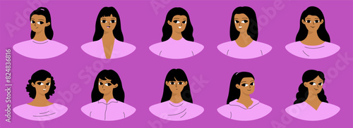 Set of user profiles. Smiling black woman avatar collection. Chat icons, different faces. Isolated flat illustrations bundle.