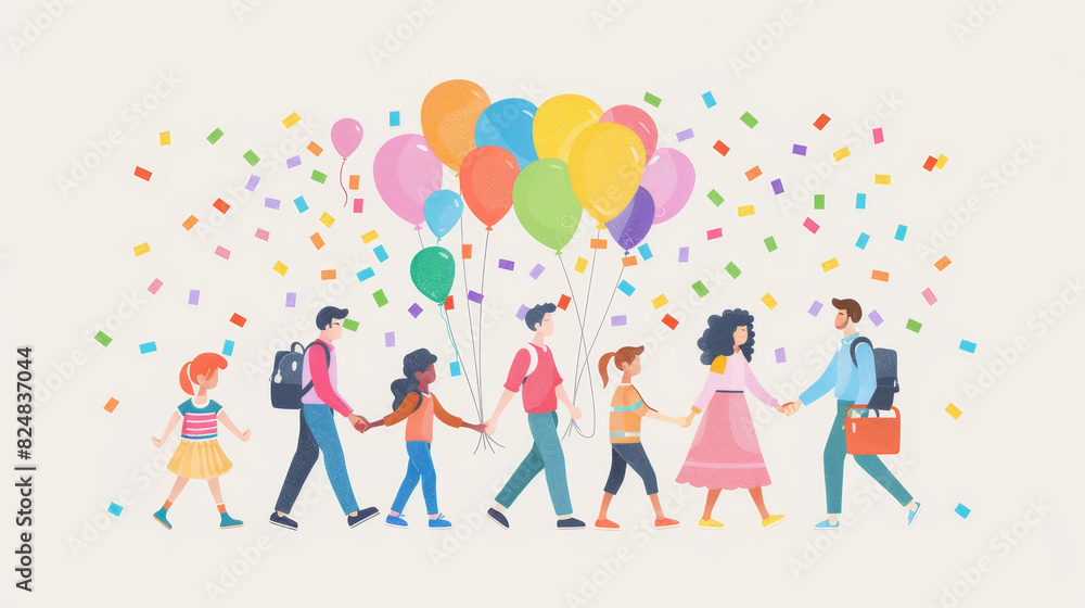 A vibrant illustration of diverse people walking together with balloons and confetti, symbolizing celebration and unity.