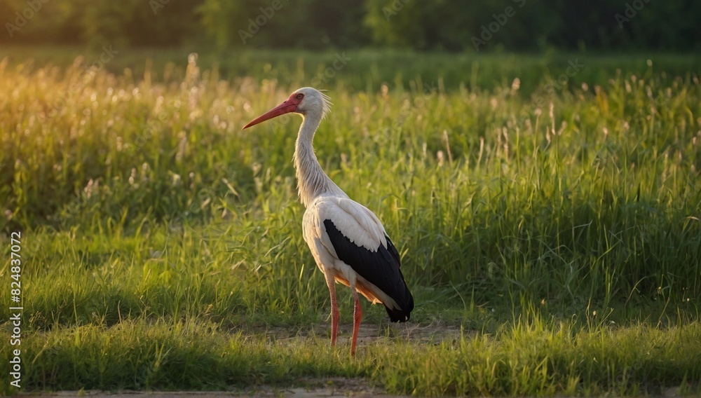 Fototapeta premium Adult_European_White_Stork_Standing_In_Green_