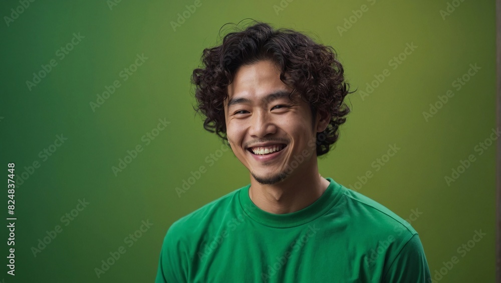 japan, korean or asian young man with curly hairstyle, smiling and laughing, wearing bright green clothes at bright solid green background japan, korean or asian young man with curly hairstyle, smiling and laughing, wearing bright green clothes at bright solid green background