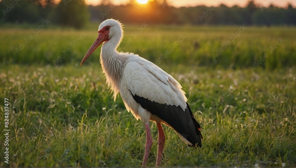 Obraz premium Adult_European_White_Stork_Standing_In_Green_