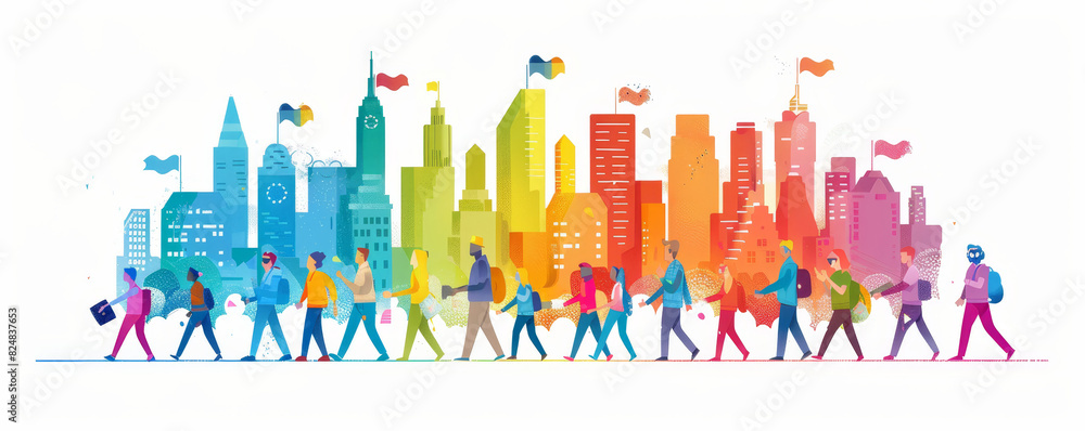 custom made wallpaper toronto digitalColorful city skyline with diverse group of people walking, symbolizing community, diversity, and urban life.