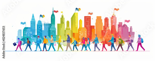 Colorful city skyline with diverse group of people walking, symbolizing community, diversity, and urban life. photo