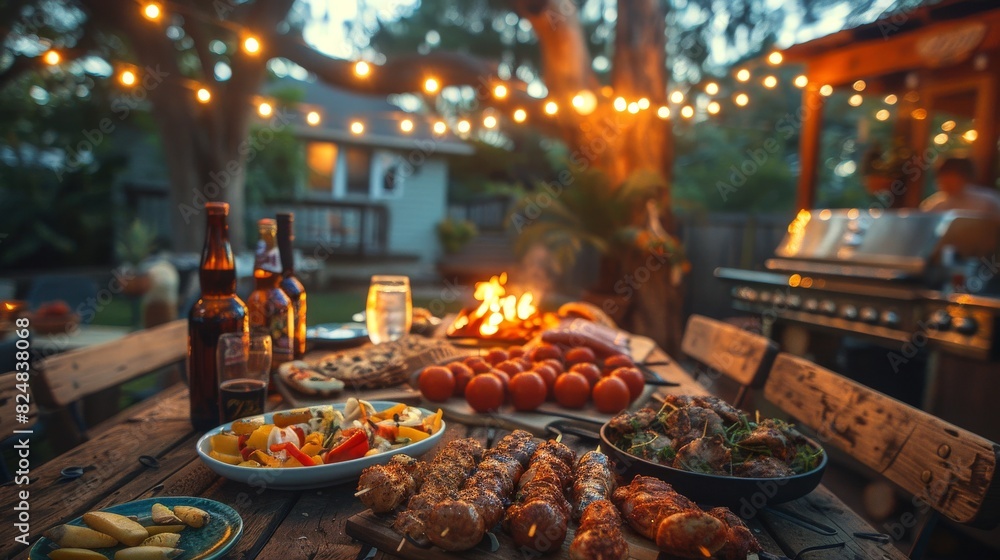 A well-set table with food ready for a barbecue party, ambient string lights illuminating the scene