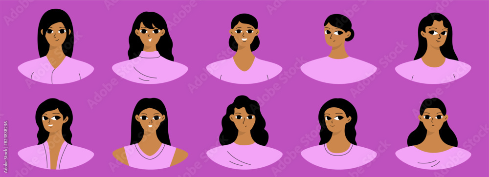 Obraz premium Set of user profiles. Smiling black woman avatar collection. Chat icons, different faces. Isolated flat illustrations bundle.