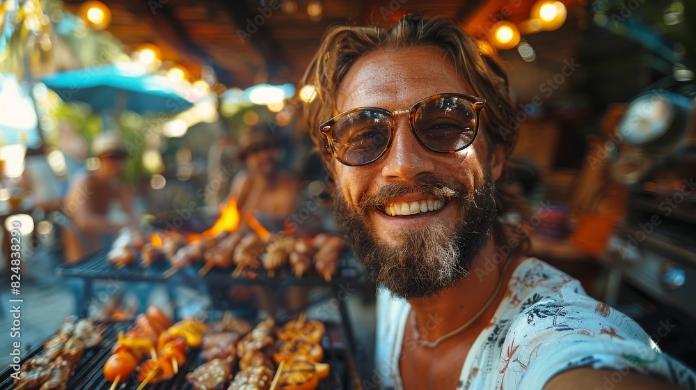 Smiling bearded man in sunglasses grilling at a summer barbecue with friends in the background