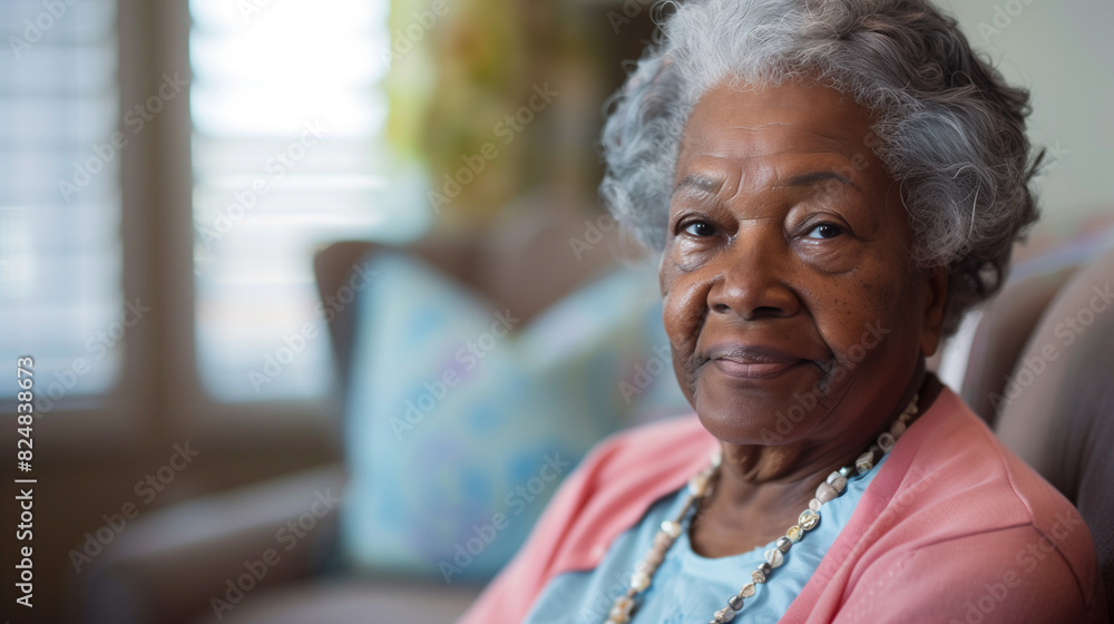 Happy African American senior at nursing home looking at camera, with soft tones of home colors, moderate depth with nursing home details, confident expression, and cozy atmosphere. Happy African American senior at nursing home looking at camera, with soft tones of home colors, moderate depth with nursing home details, confident expression, and cozy atmosphere.