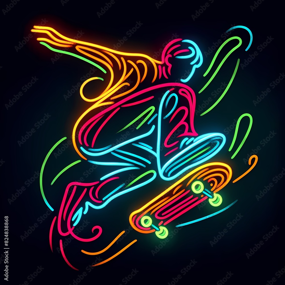 Fototapeta premium Neon Skateboarder Performing a Trick
