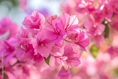 Close-up of vivid pink bougainvillea flowers bathed in soft sunlight against a blurred background © anatolir