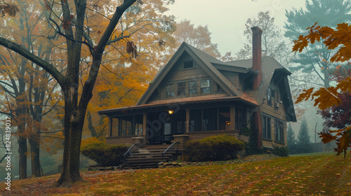 A misty autumn morning, and the exterior of a 1905 craftsman bungalow, with its characteristic low-pitched, gabled roof and tapered columns