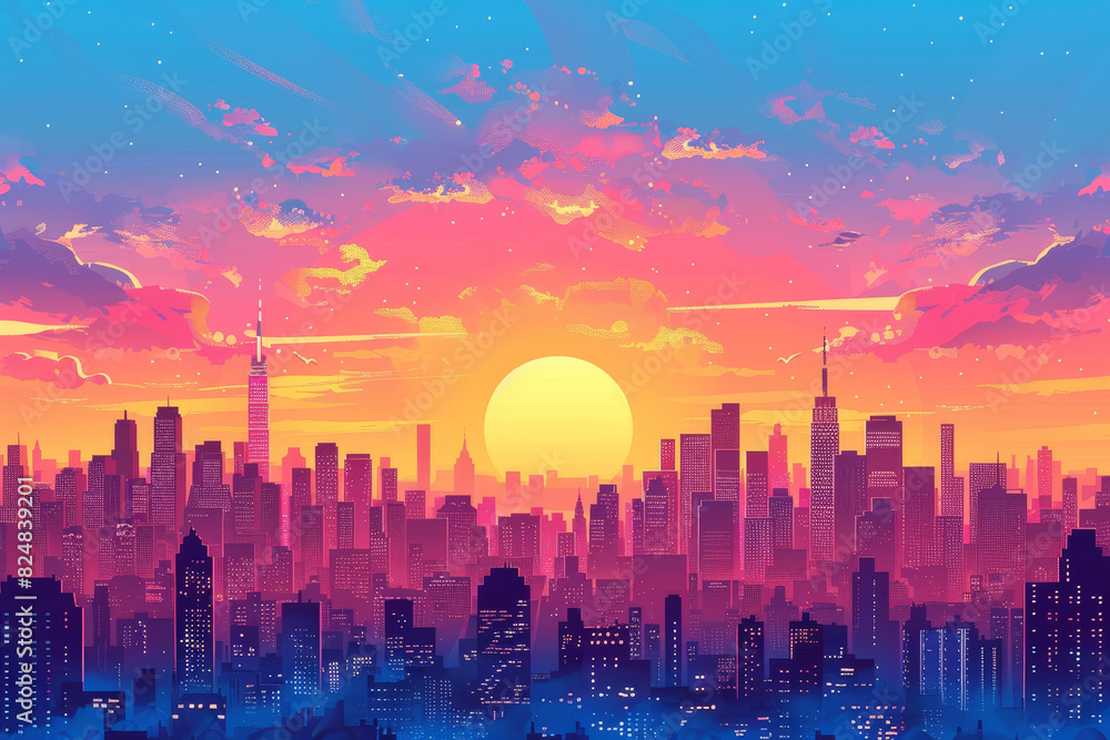 Vibrant digital painting of a city skyline during sunset, showcasing colorful skies and illuminated buildings.