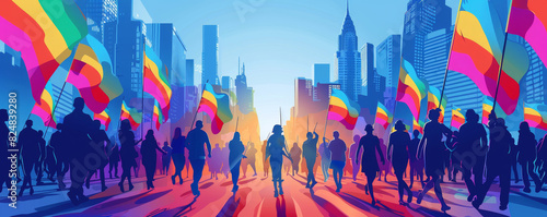 Vibrant illustration of a crowd celebrating in a city street with colorful rainbow flags, emphasizing unity and diversity. photo