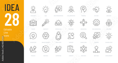 Idea Editable Icons set. Vector illustration in modern thin line style of creating related icons: research, thinking, solution, and more. Pictograms and infographics for mobile apps.
