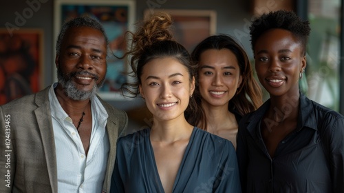 Multicultural group of four colleagues posing for a photo with a mixed race woman in front photo