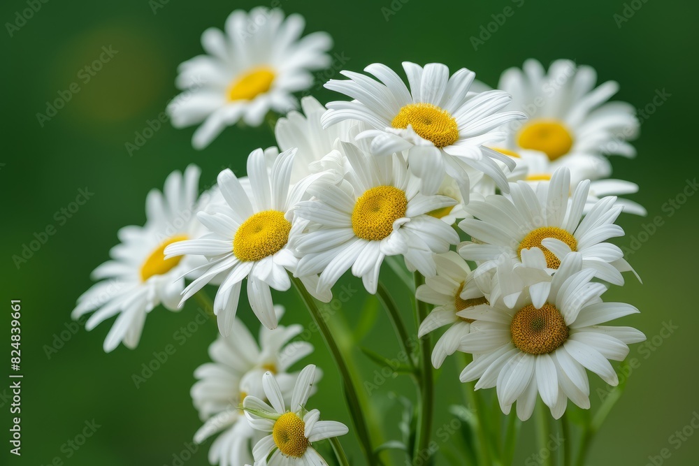 Fototapeta premium Close-up of fresh white daisy flowers with vibrant yellow centers against a green backdrop