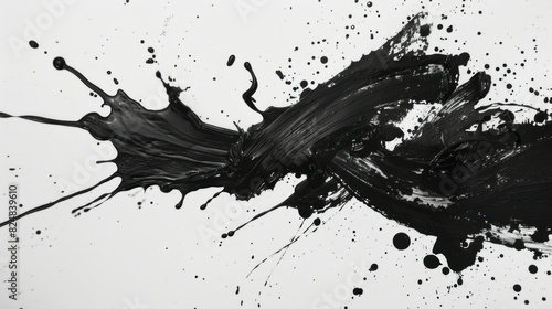 Splashes of a drop of black paint on a white canvas