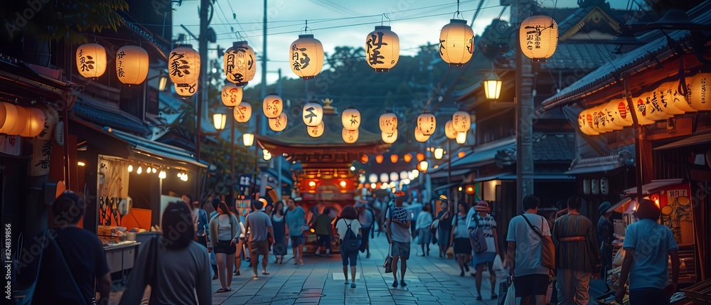 Fototapeta premium In the evening glow of Kyoto, the streets come alive with Yoiyama festivities. Illuminated floats decorated with lanterns create a magical atmosphere,