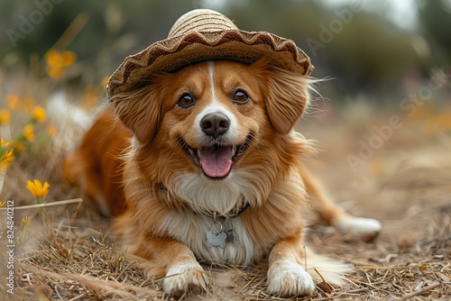 A dog is laying on the ground laughing and wearing a sombrero hat