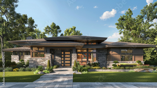 A modern interpretation of a craftsman-style home with clean lines, natural stone accents, and a covered front patio with a built-in outdoor fireplace. 