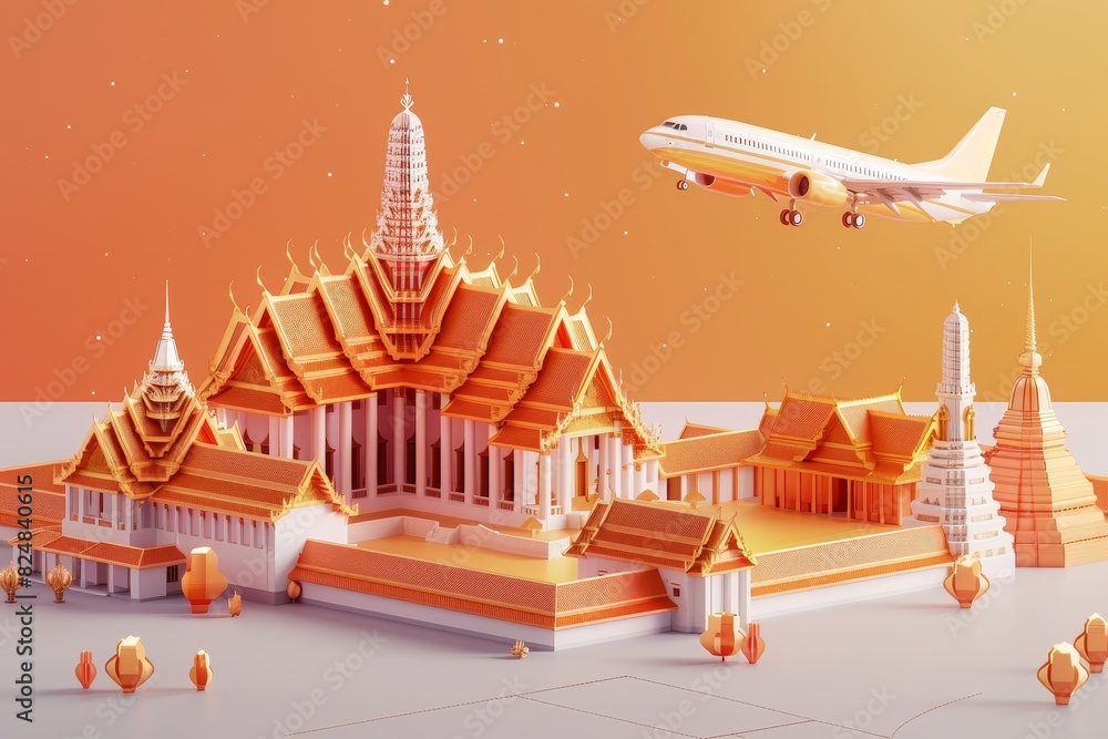 an airplane is flying over a city with a large temple on the temple in bangkok