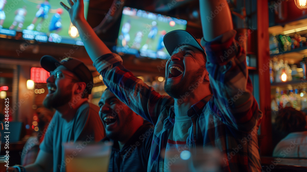 Excited men cheering while watching sports game on TV in bar, with warm tones of bar colors, high depth with bar details, joyful expressions, and dynamic atmosphere.