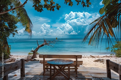 Depicting a beach wooden furniture set beautiful ocean view and landscape background