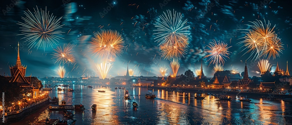 Obraz premium The night sky over Phnom Penh is ablaze with brilliant fireworks, each burst painting the darkness with vivid colors.