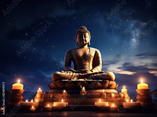 Buddha statue with beautiful night sky background with candles, Vesak day celebration - generative ai