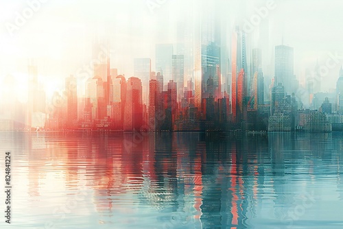 A cityscape with tall buildings with reflection over a background